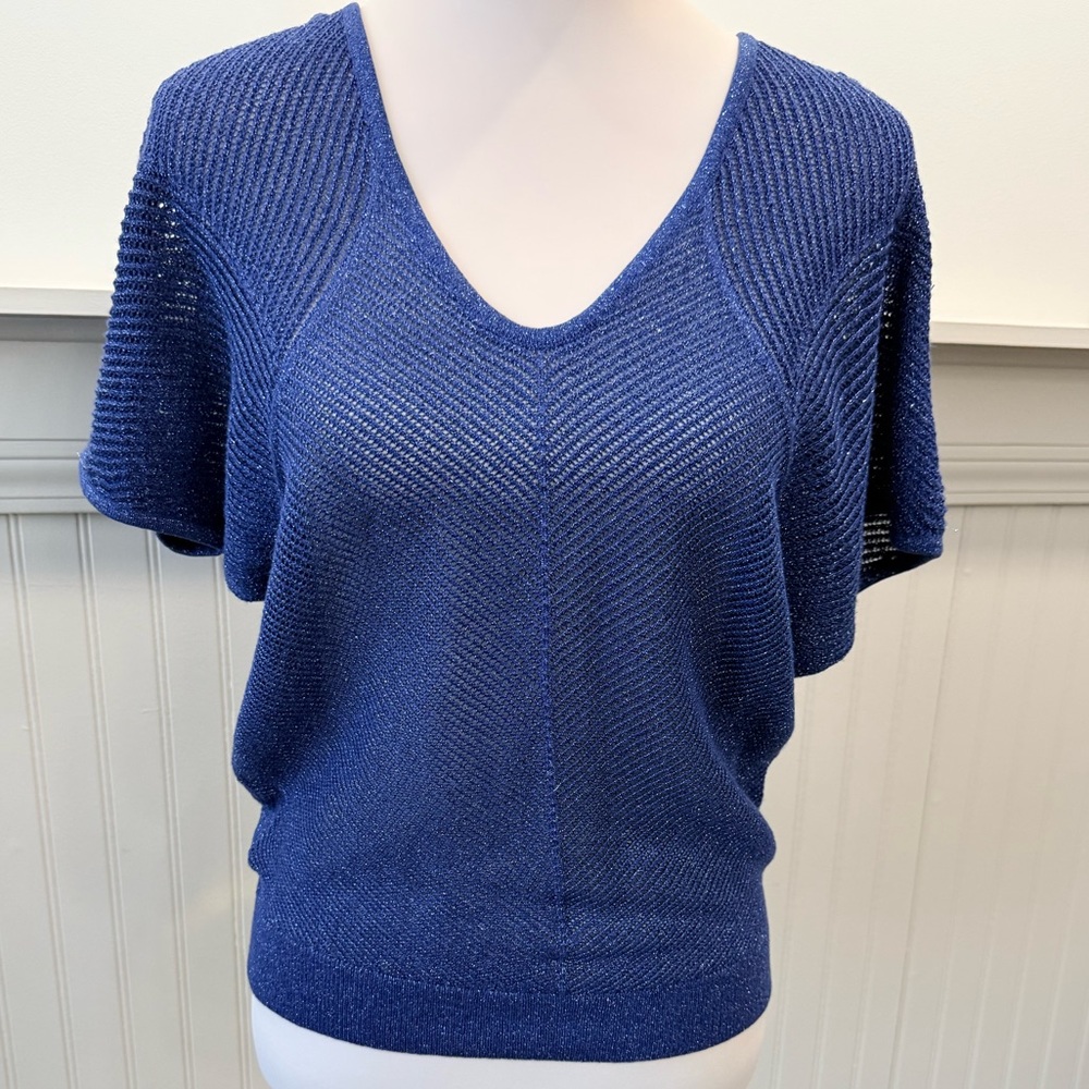 Express Metallic Blue Semi Sheer Knit Sweater Boxy Small Short Sleeve - Picture 2 of 7
